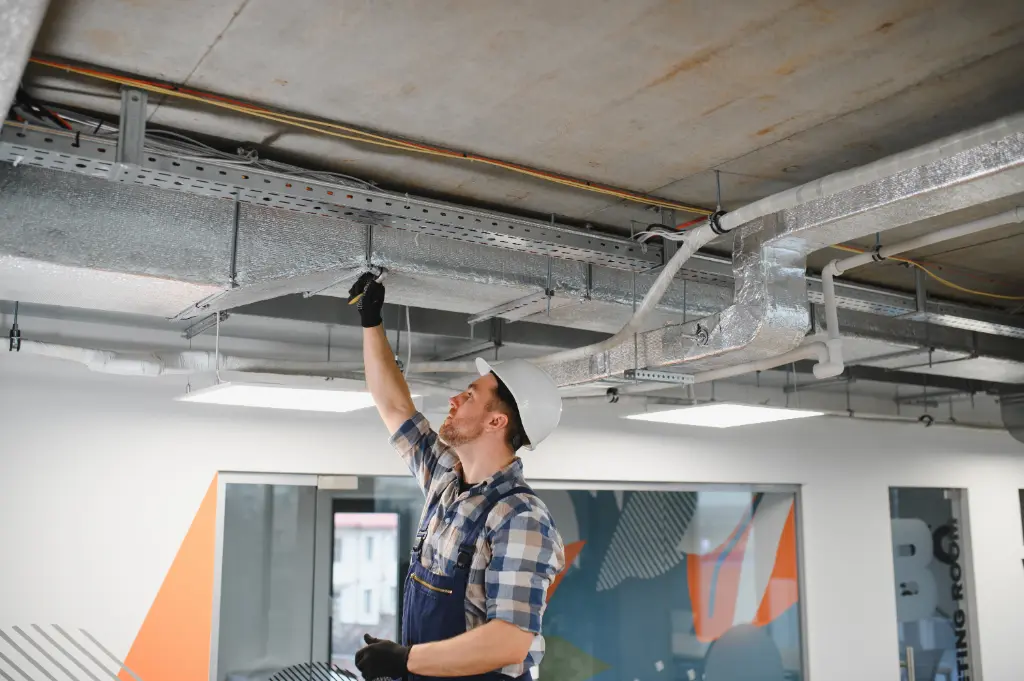 HVAC technician wearing a hard hat inspecting overhead ventilation ducts in a modern commercial interior