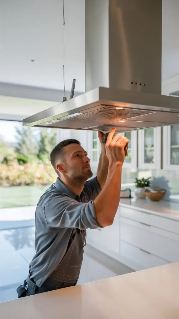 Technician installing a stainless steel ceiling-mounted kitchen range hood using a screwdriver in a modern kitchen