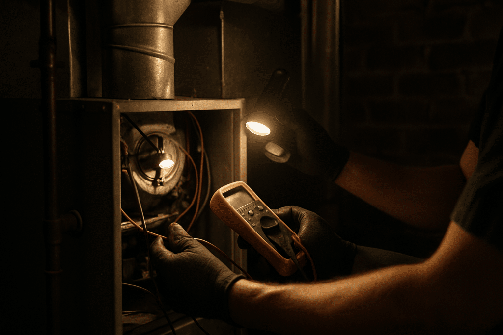 A tight hands-and-tools shot inside a furnace panel conveys the late-night emergency repair scenario described in the co