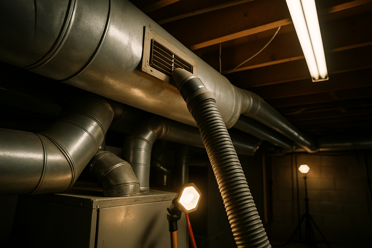 A tight, realistic shot of ductwork and cleaning equipment inside a Midwest split-level utility space directly illustrat